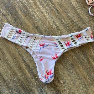 Acacia birds of paradise bikini bottoms with  crochet detail, size S.